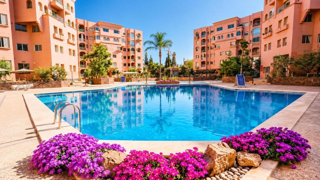 a swimming pool with purple flowers in front of buildings at Al ATLAS résidence in Marrakesh