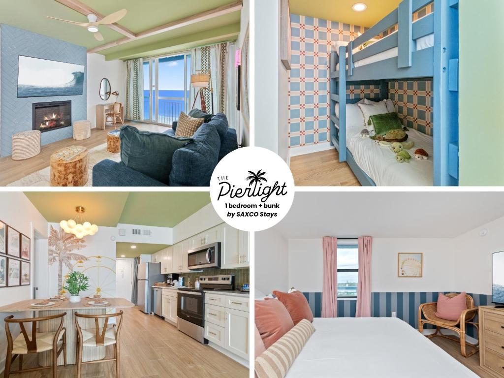 a collage of pictures of a bedroom and a living room at Penthouse 1BR + Bunk Room Boardwalk View Zone in Myrtle Beach