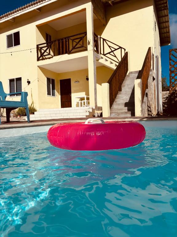 a red frisbee in the water in front of a house at sol appartement 3 in Willemstad
