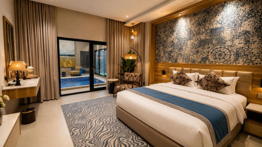 a hotel room with a bed and a desk at Abu Rakan Apartment in Muscat