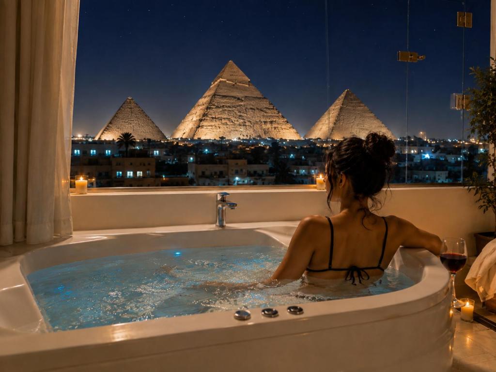 a woman in a bath tub with a view of pyramids at Pyramids view M in Cairo