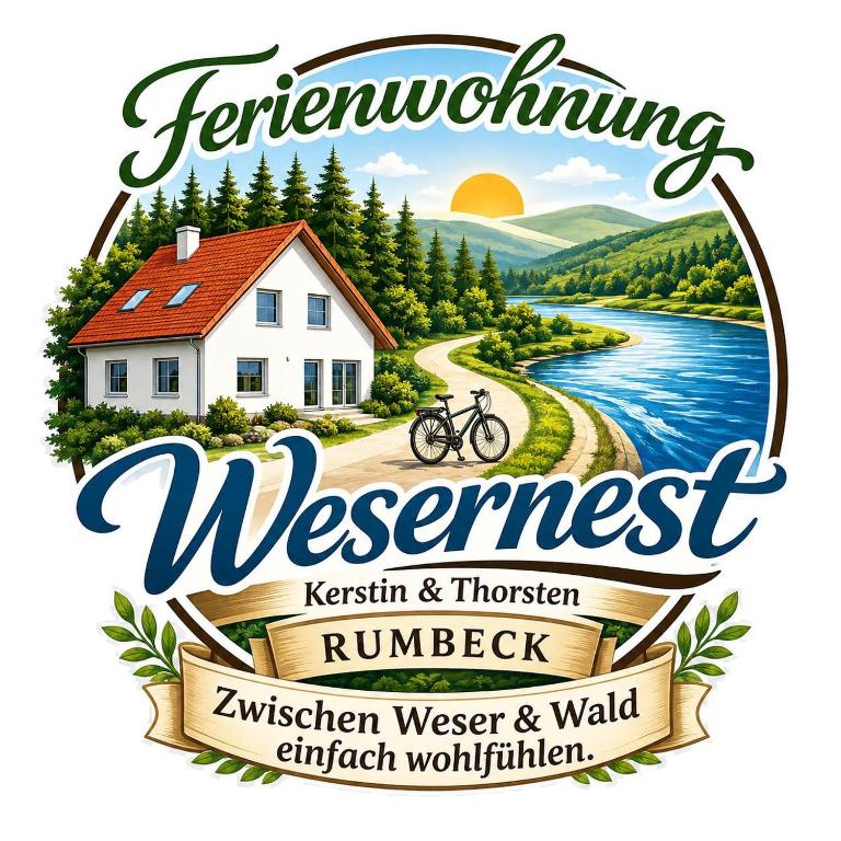 ein Etikett für ein Haus neben einem Fluss in der Unterkunft Ferienwohnung Wesernest in Hessisch Oldendorf
