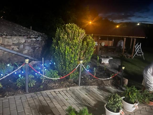 a garden at night with a string of lights at Zitanka Apartman Bogács in Bogács