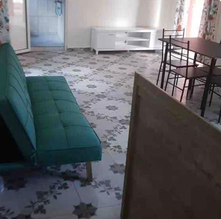 a living room with a green couch and a table at Studio Cosy Mde Comores 