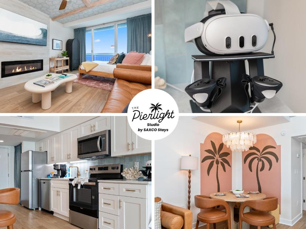 a collage of pictures of a kitchen and a living room at Penthouse Oceanfront Studio VR + Mural + Minibar in Myrtle Beach