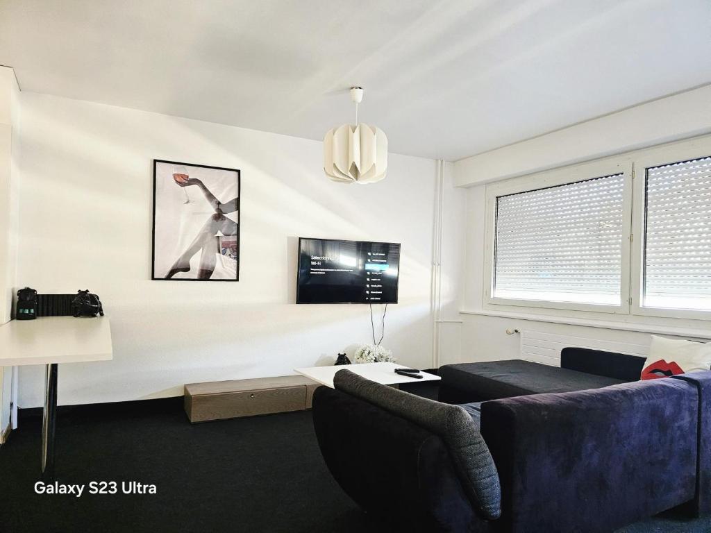a living room with a blue couch and a tv at Suite Studio Moderne Quartier du Flon in Lausanne