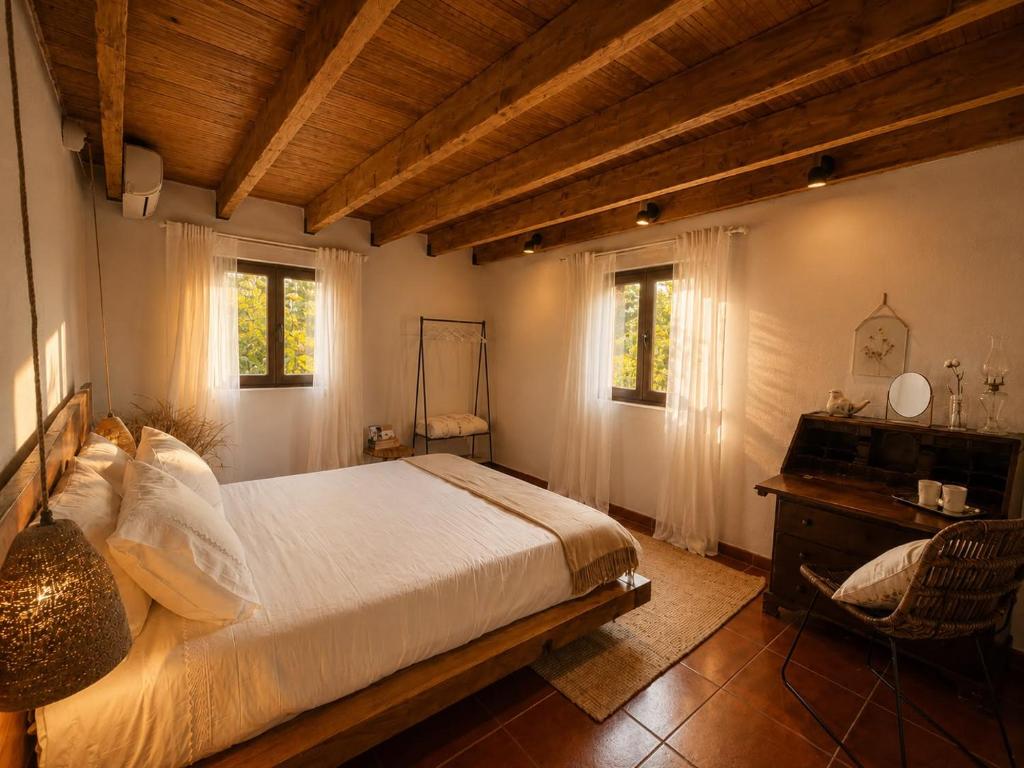 a bedroom with a bed and a desk and windows at Casa do Moinho da Insua in Várzea Cova