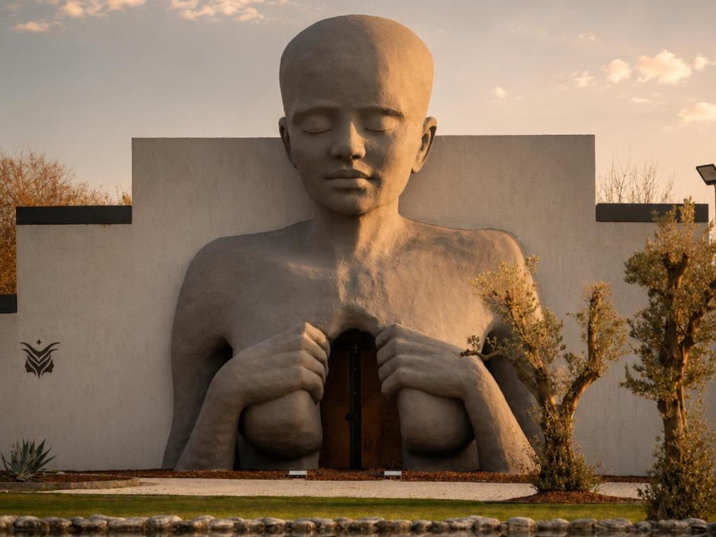 a statue of a man standing in front of a building at Hunza Longevity Resort in Eskiömerler