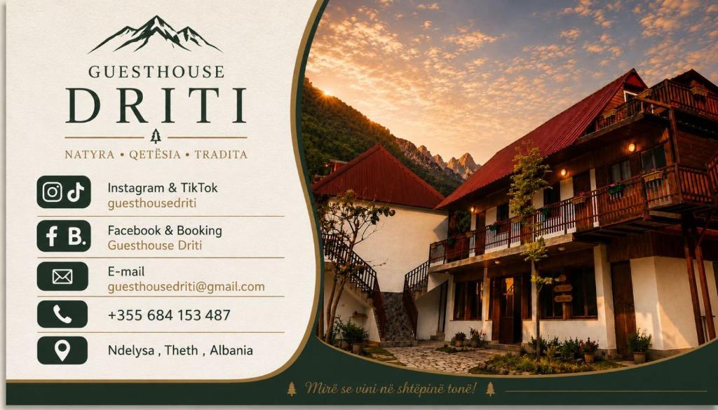 a sign for a guest house with a building at Guesthouse Driti in Shkodër