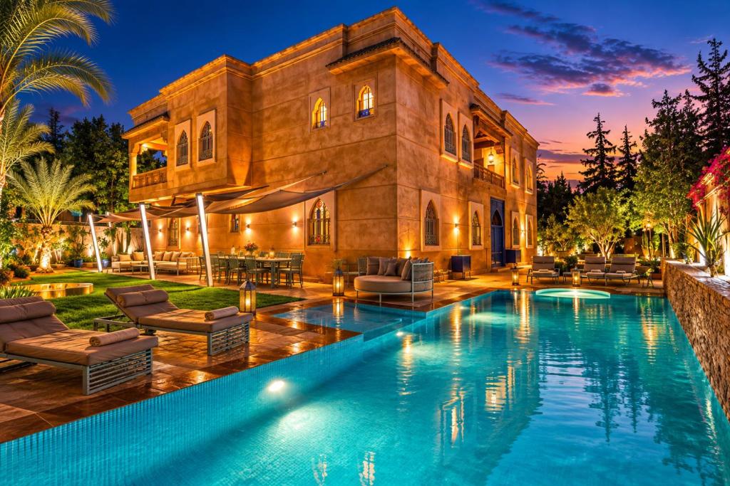 a house with a swimming pool in front of it at Luxury Private Villa Taj Sofia & Spa in Marrakesh
