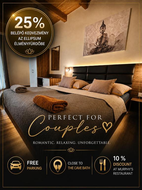 a poster for a hotel room with a bed at Harmónia Vendégház in Miskolctapolca