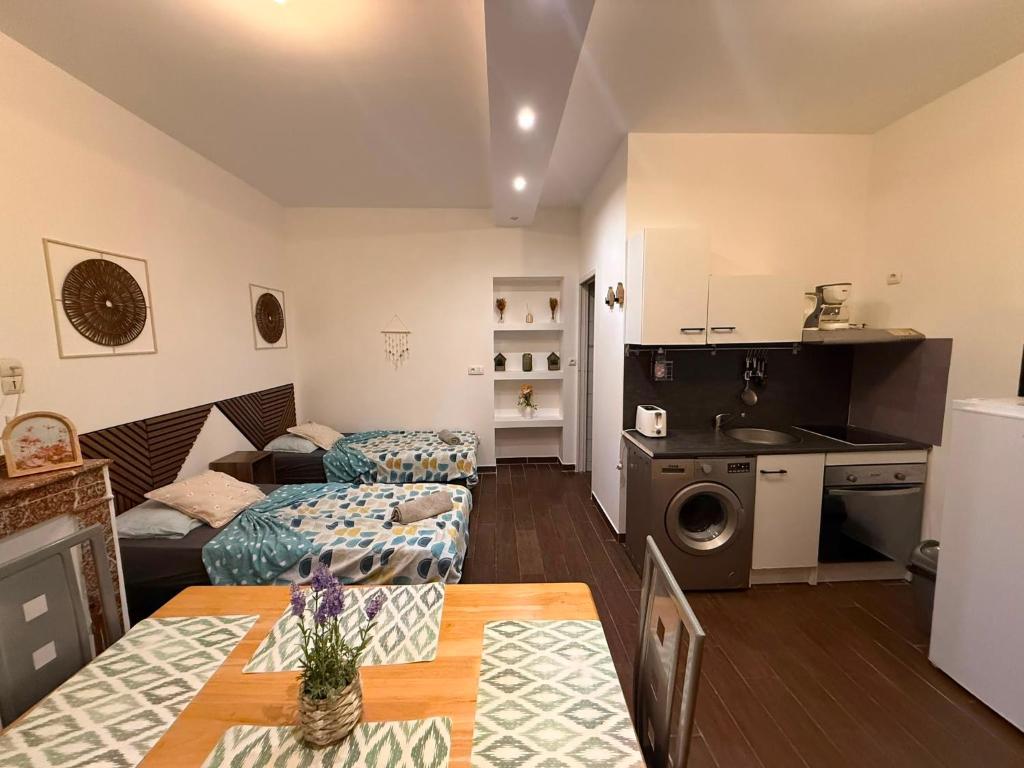 a small living room with a couch and a kitchen at Studio Lit Séparé Tarbes Centre in Tarbes