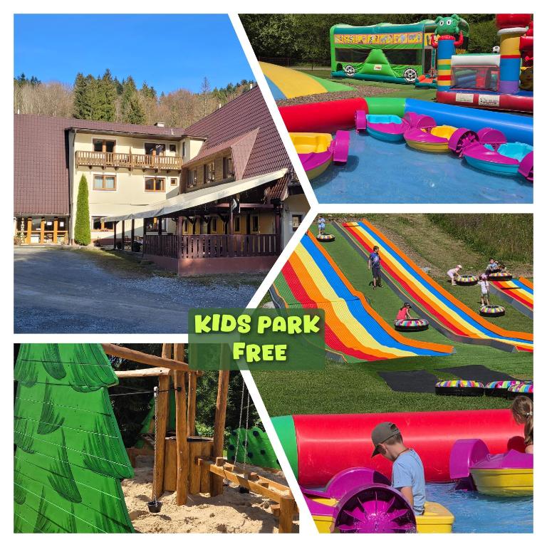 a collage of four pictures of a kids park at Penzion Belez in Dolný Kubín