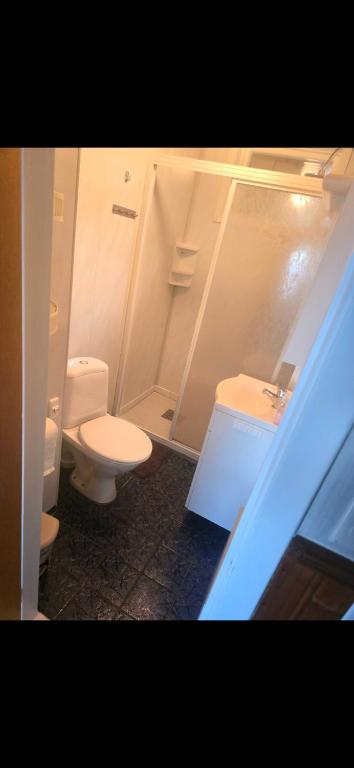 a small bathroom with a toilet and a sink at Apartament in Sykkylven