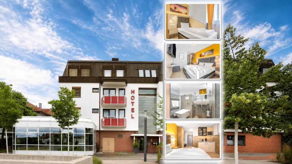 a collage of photos of a building at RENOVIERT XZLLENZ 50'' Smart TV, Parken, 24h digitaler Check In und Zugang, Küche in Oberasbach