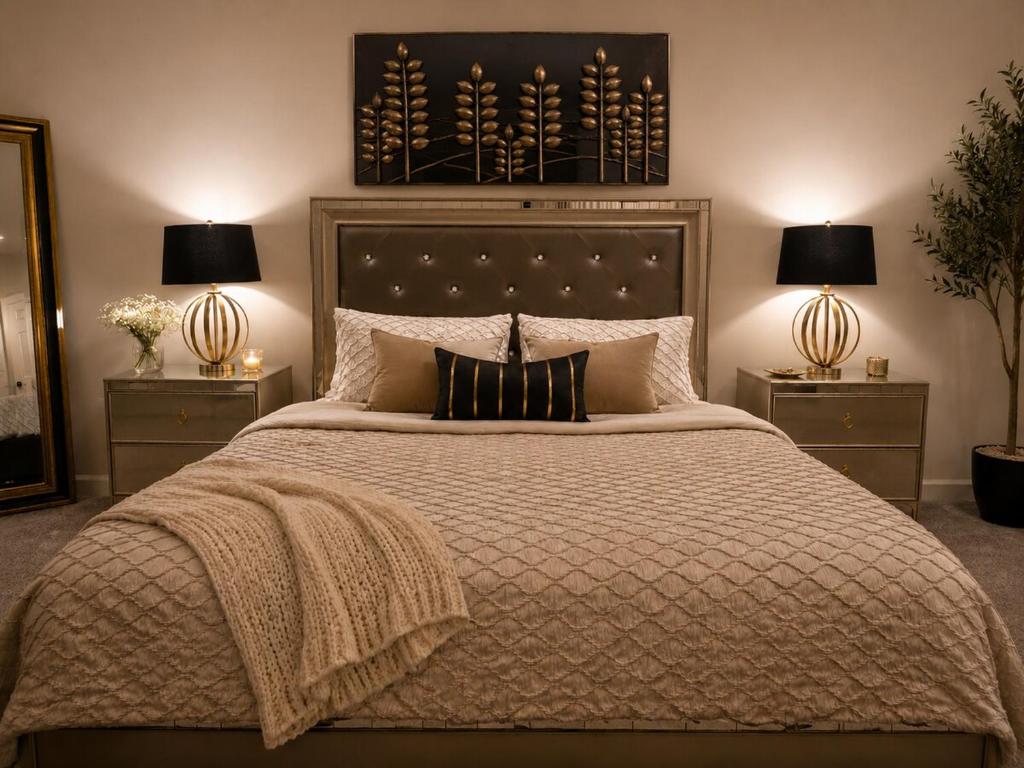 a bedroom with a large bed with two lamps at Spacious Studio by the Woods in Laurel