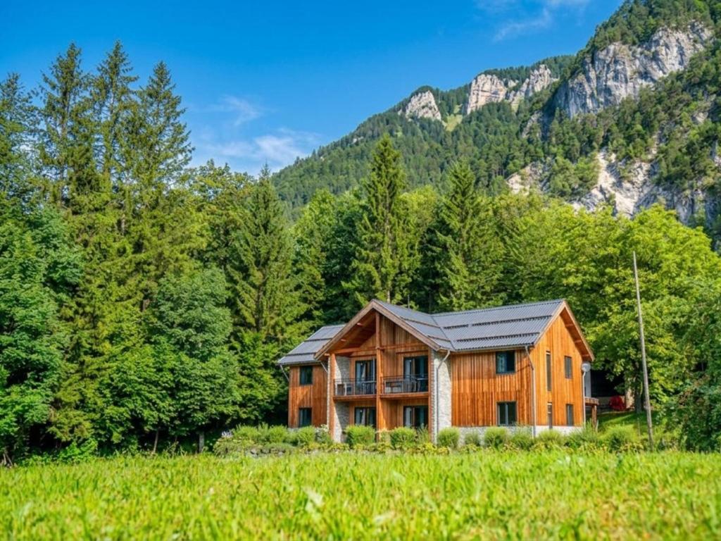 a wooden house in a field with mountains in the background at Seeglück am Pressegger See in Lake Pressegg