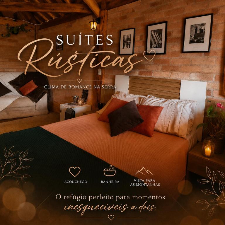 a magazine cover of a bedroom with a bed at Suítes Rústicas Campos do Jordão - Com banheira de hidromassagem in Campos do Jordão