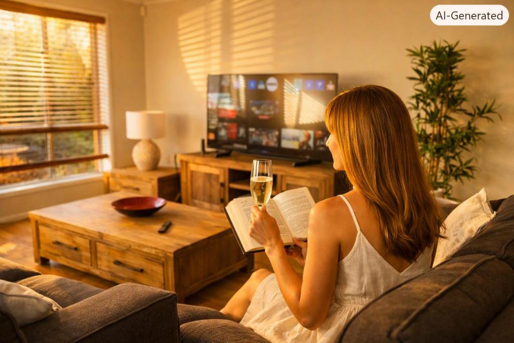 a woman sitting on a couch reading a book and a glass of wine at Canberra Stylish Escape in Harrison