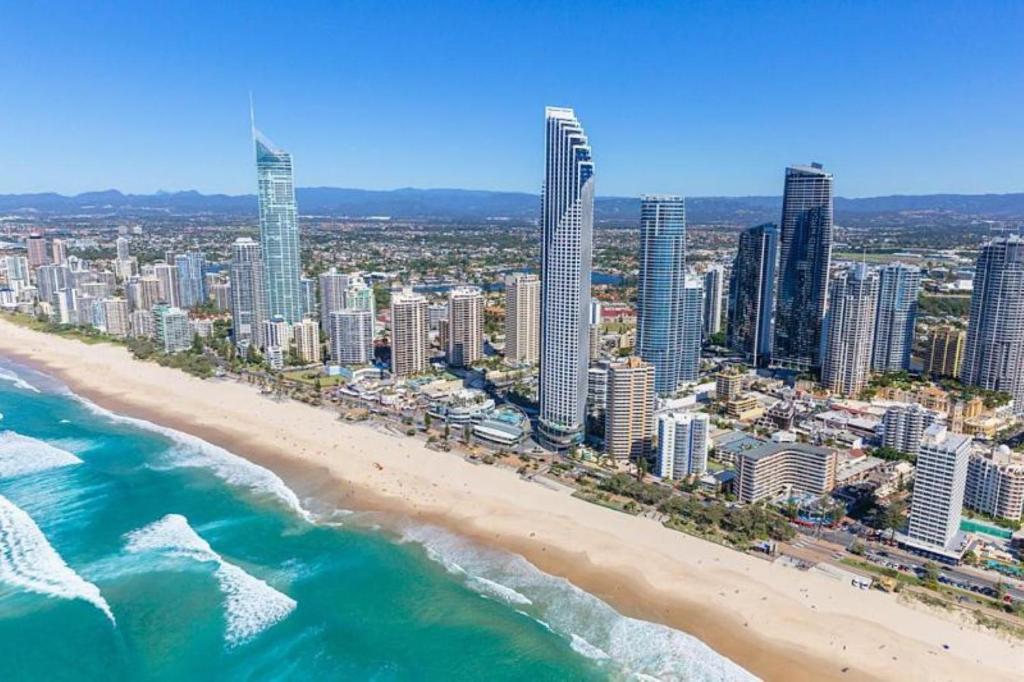 an aerial view of a beach and buildings at Deluxe Chevron Renaissance in Gold Coast