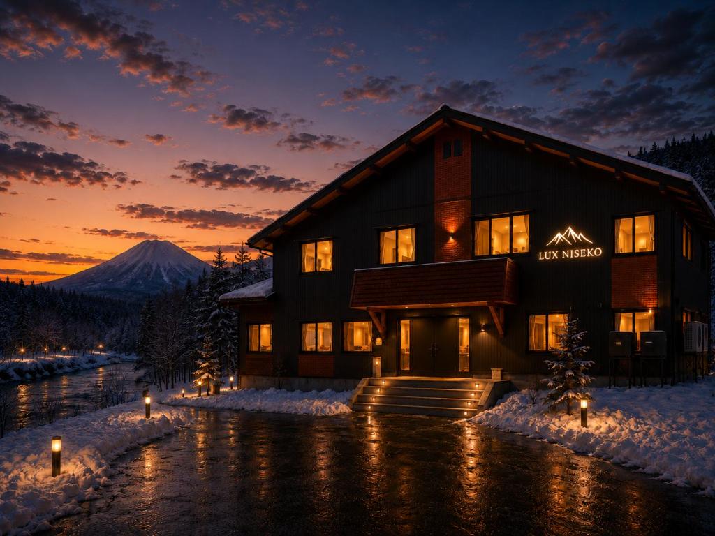 a lodge in the snow with a mountain in the background at LUX Niseko lodge in Niseko