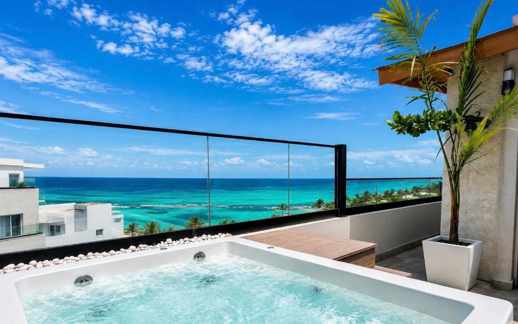 a bath tub on a balcony with a view of the ocean at Luxurious Ocean View Penthouse in Boca Chica