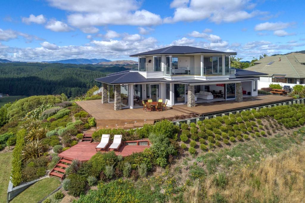 an aerial view of a house on top of a hill at Tihi Retreat in Rotorua