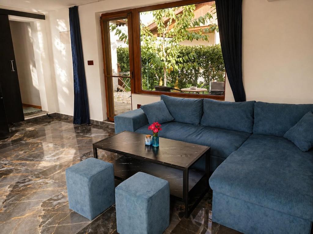 a living room with a blue couch and a coffee table at Hobbit House in Tsarichino