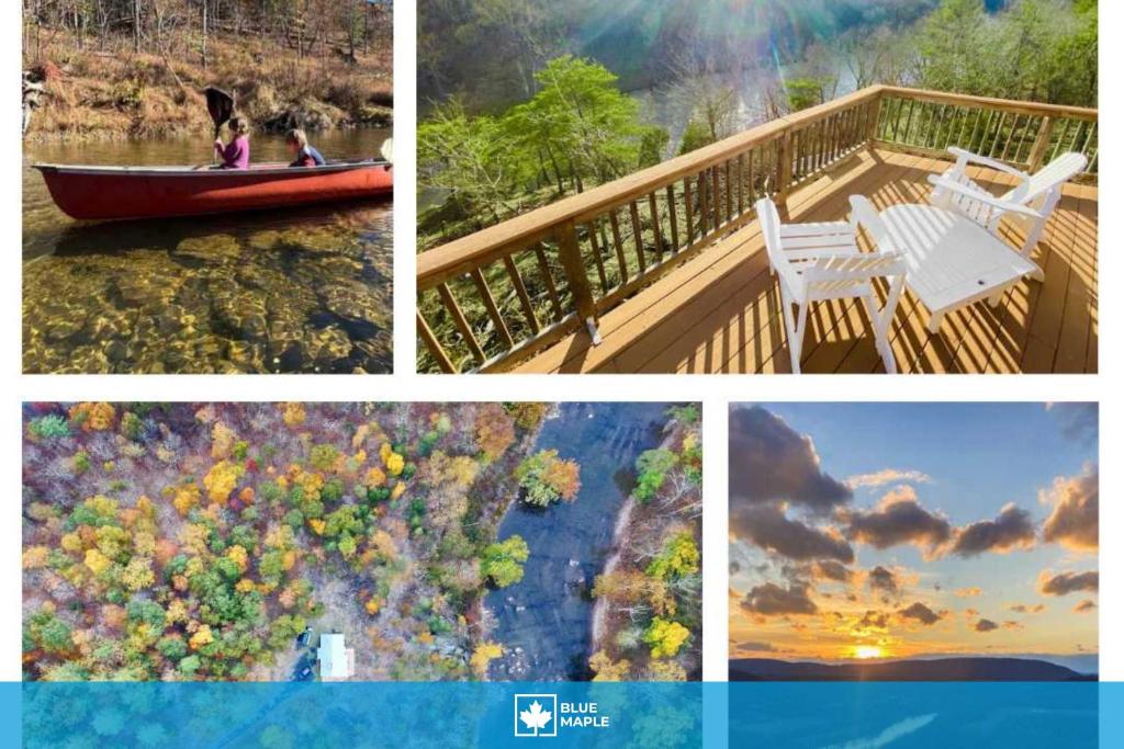 a collage of four pictures with a boat on the water at Log Cabin w Fireplace, EV Station & River Access in Great Cacapon
