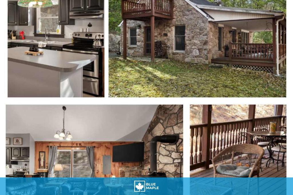 a collage of pictures of a kitchen and a house at Rustic retreat w kitchen & deck in Great Cacapon