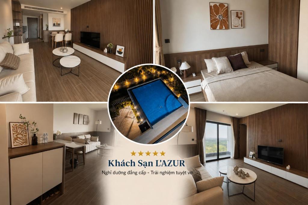 a room with a bed and a living room with a tv at Khách Sạn L'AZUR in Cửa Lô