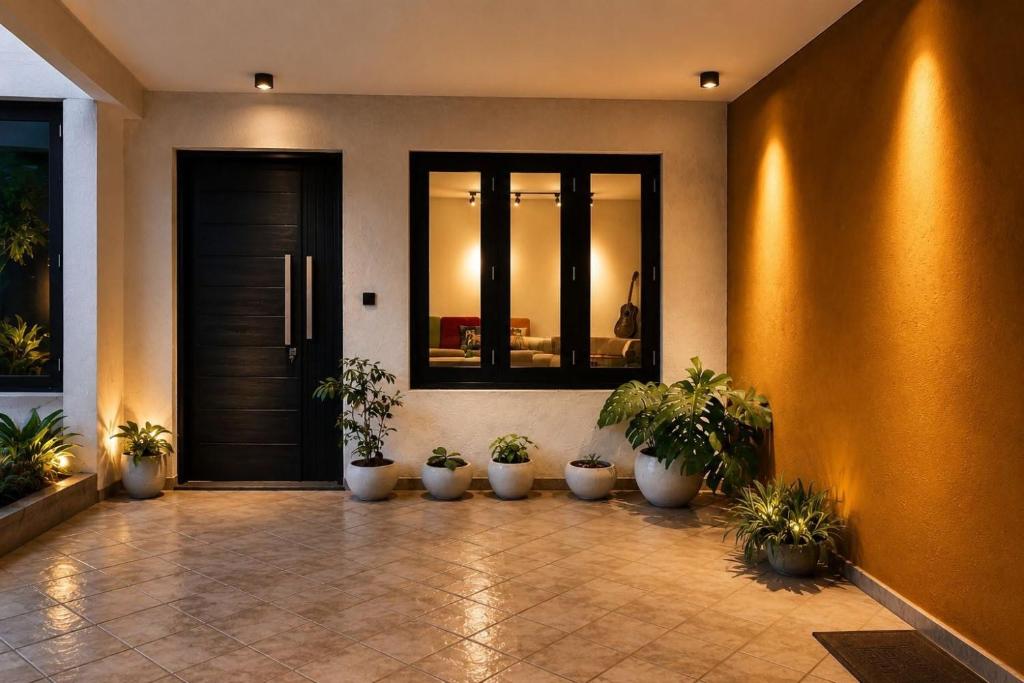 a hallway with potted plants in front of a door at Ella Claython Hills in Ella
