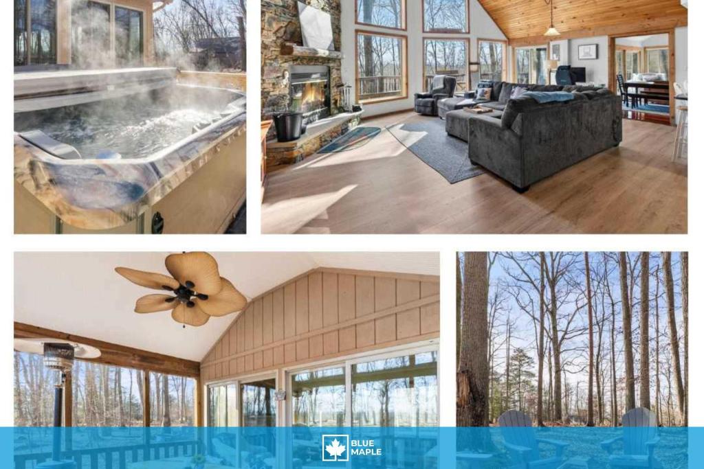 a collage of pictures of a home with a hot tub at Cabin w hot tub, fire pit & deck in Hedgesville