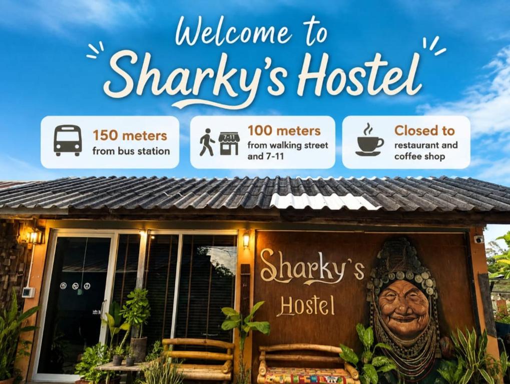 a sign that reads welcome to shawtys hostel at Sharky's Hostel in Pai