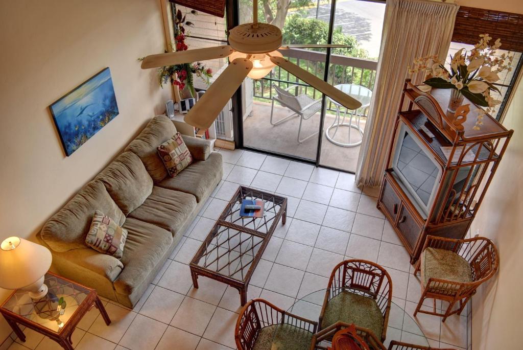 an overhead view of a living room with a ceiling fan at Maui Vista 2422 in Kihei