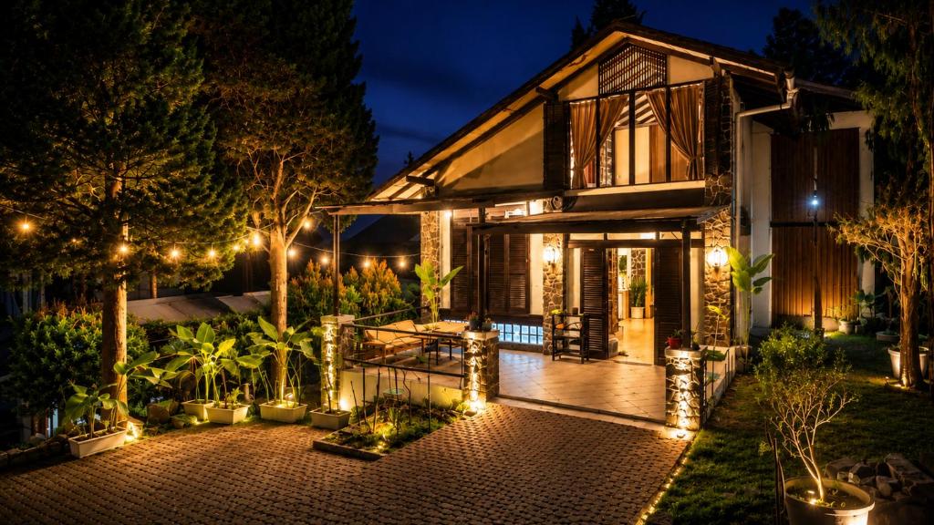 a house with a courtyard at night with lights at The Haven 3BR Private Pool Lembang in Tegalharendong