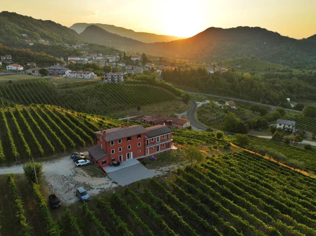 an aerial view of a house in a vineyard with the sunset at Ca' Perenzin in Tarzo