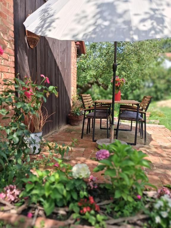a patio with a table and chairs under an umbrella at Pacsirta Porta in Nemesnép