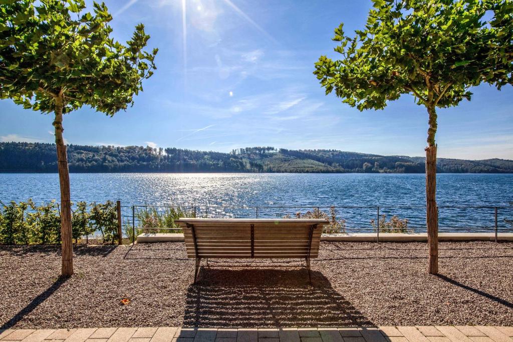 a bench sitting next to a body of water at Ferienwohnung SorpeNest in Sundern