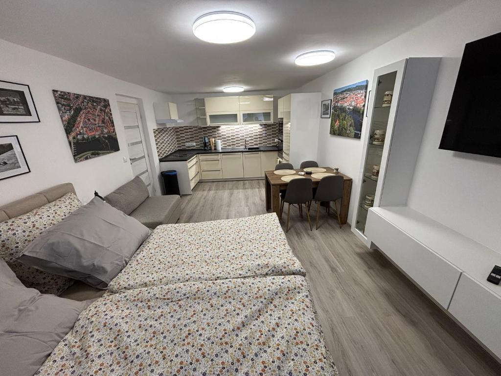 a living room with two beds and a kitchen at Apartmán 1, Heydukovka in Písek