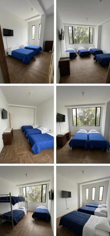 four different views of a bedroom with blue beds at Hangar pista36 in Hacienda Santa Rosa