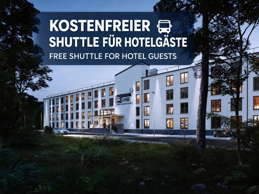a building with the words kosteniger shuttle for hotelisse at Platzhirsch Living in Kelsterbach