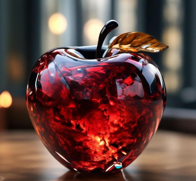 a red glass heart sitting on top of a table at APPLE PARADISE, House of mirrors, self check-in, FREE PARKING in Riga
