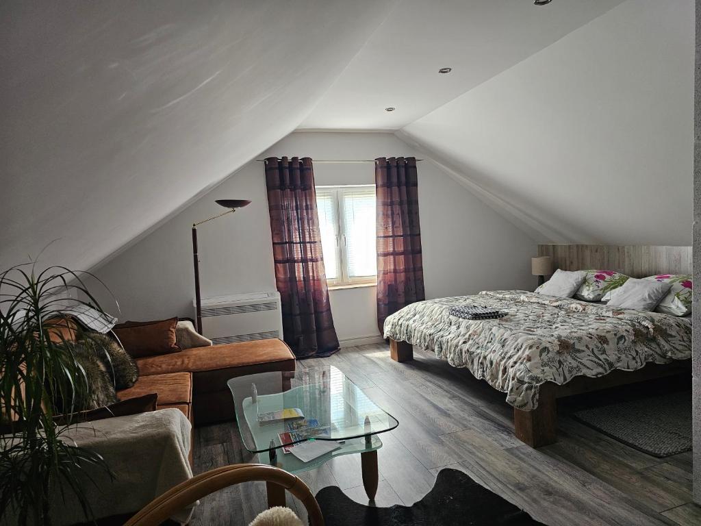 a living room with a bed and a couch at Aluston in Hannover