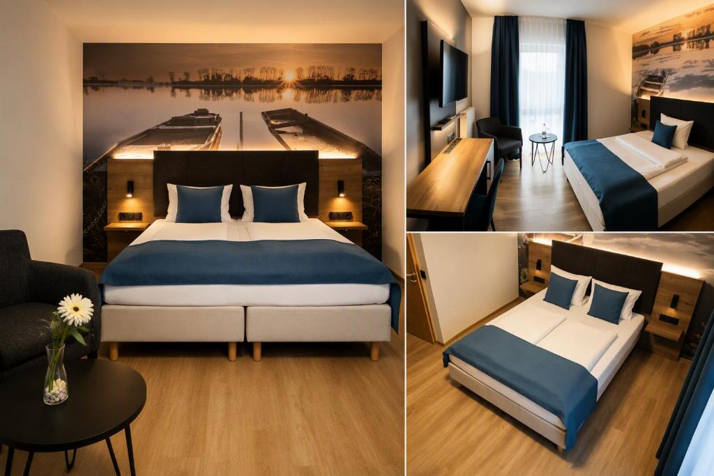 two pictures of a hotel room with a bed at Hotel am Hardtsee in Ubstadt-Weiher