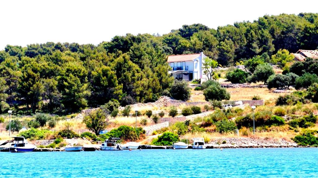 a house on a hill with boats in the water at Slanraj Studio in Jadrtovac