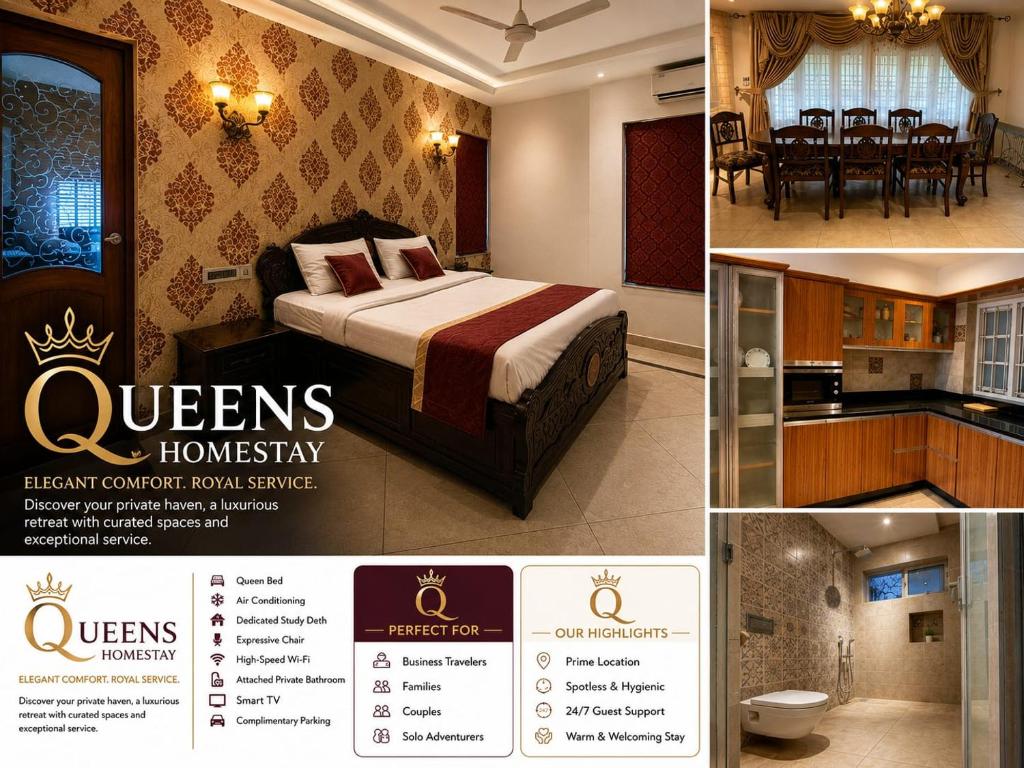 a collage of four pictures of a hotel room at Queens Homestay in Trivandrum