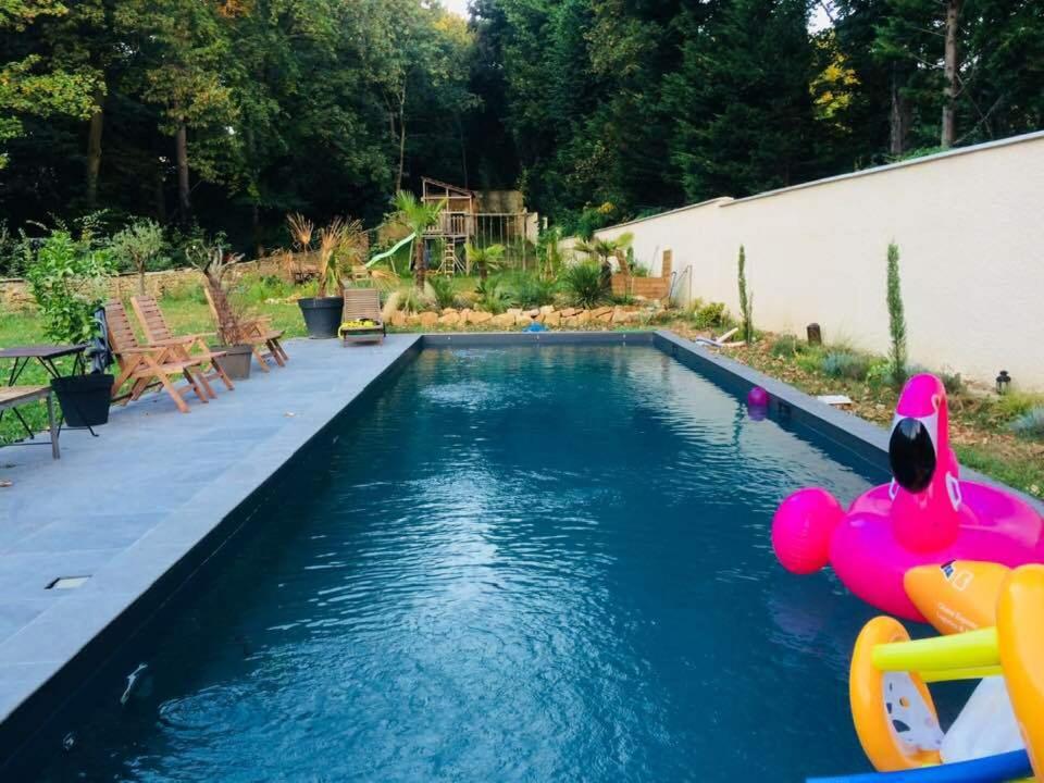 a pool with a pool noodle in a backyard at Effet Lodge in Saint-Cyr-au-Mont-dʼOr