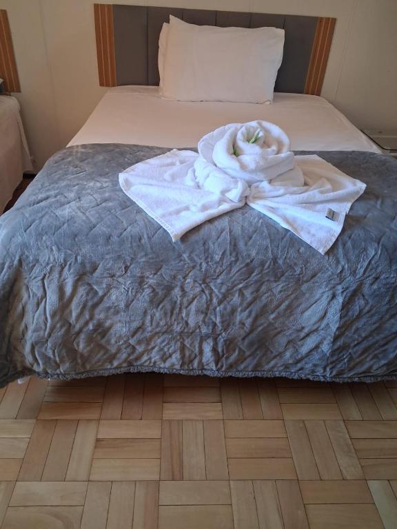 a bed with a white towel on top of it at Hotel Linassi in Cruz Alta