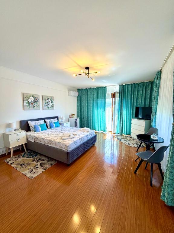 a bedroom with a bed and a desk and a television at Casa Cristian Techirghiol in Techirghiol